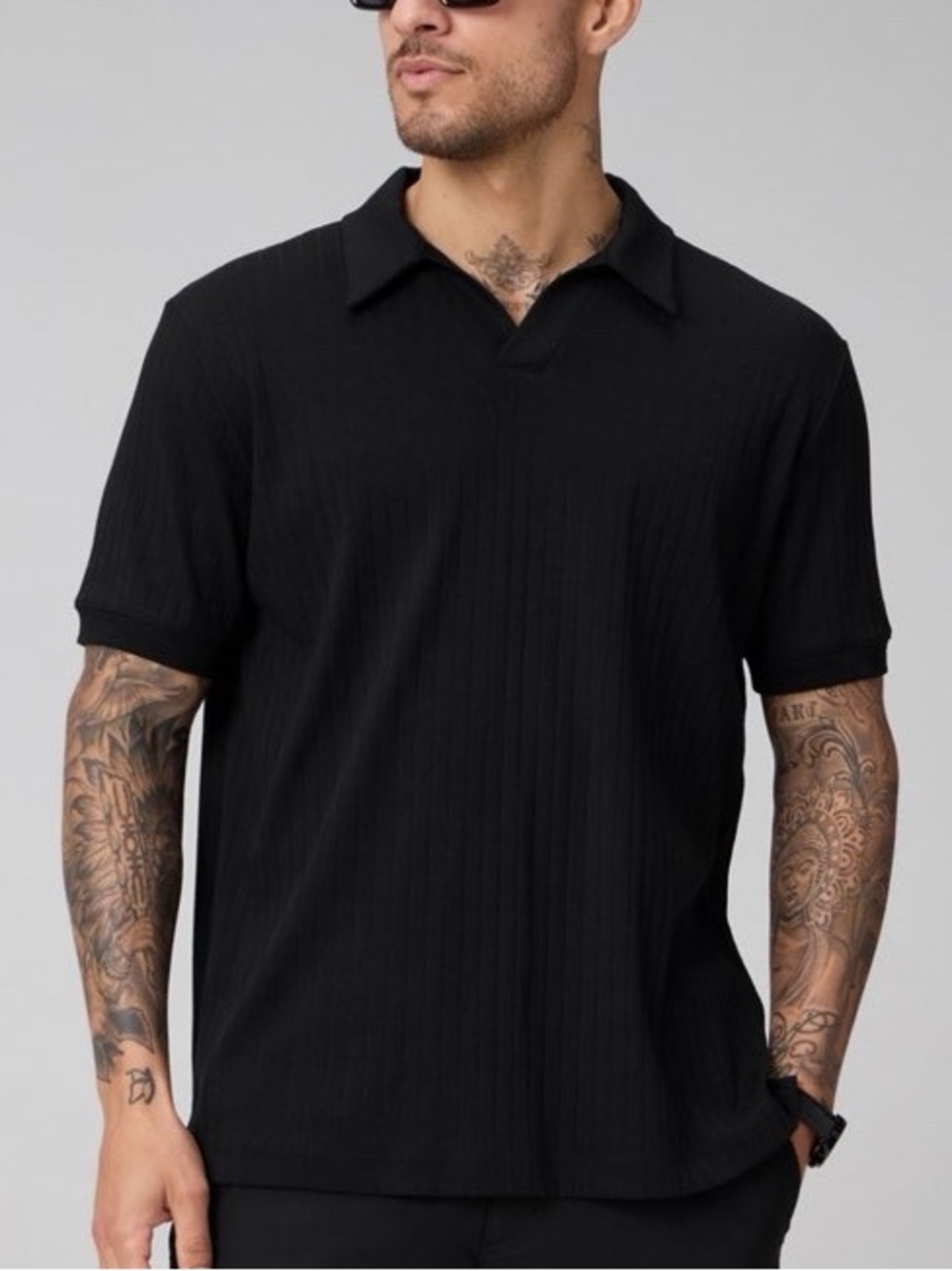 Fabletics Men's Black Short-Sleeve Polo - Textured Knit